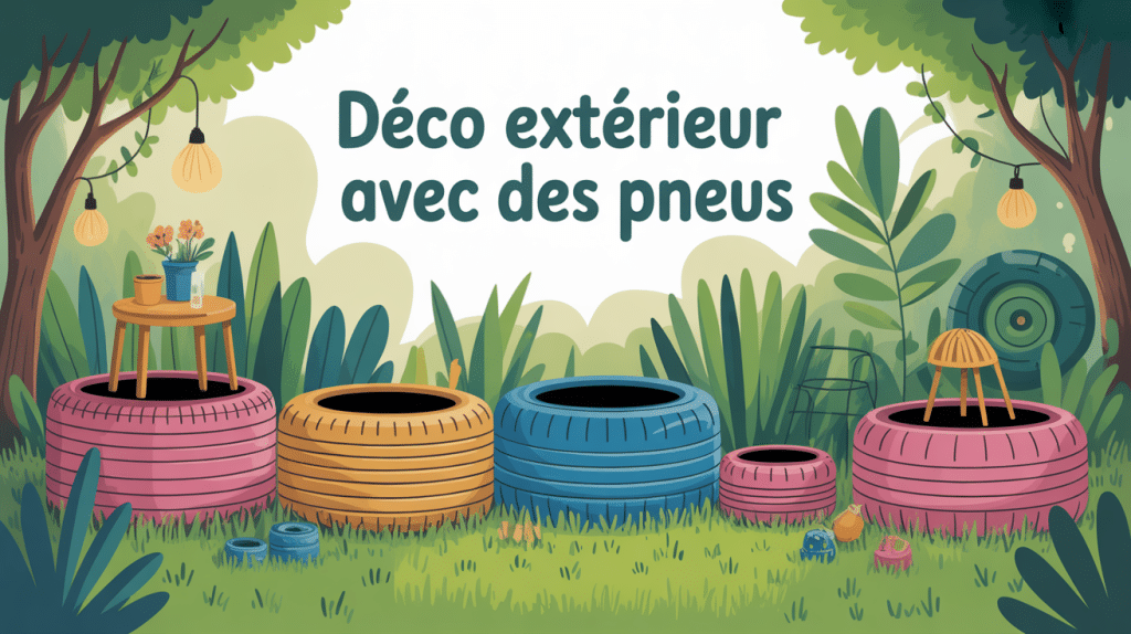 deco exterieur avec des pneus recyclés en jardinières et assises