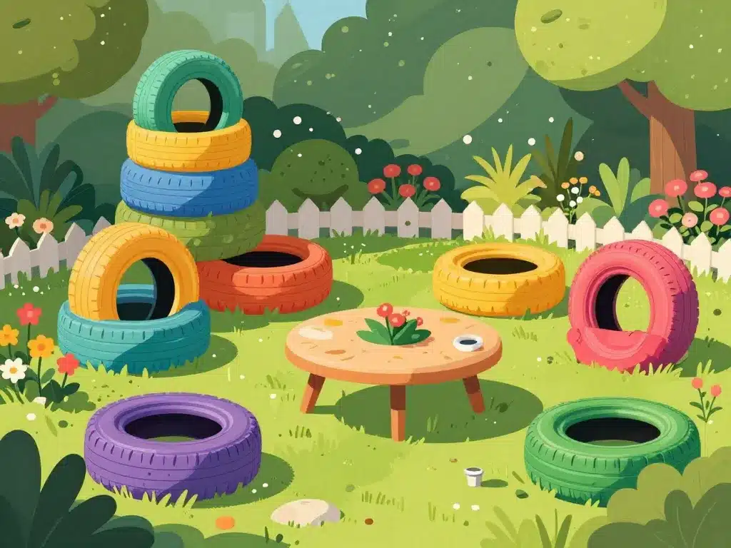 deco exterieur avec des pneus colorés en planters et mobilier