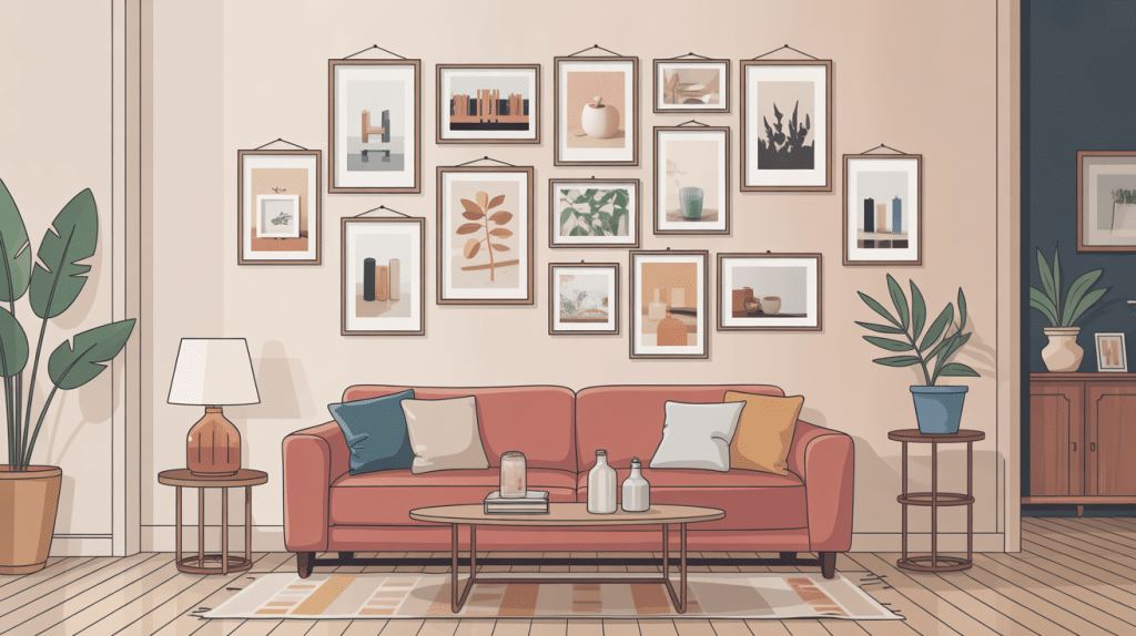 Mur de photos élégant exposé sur mur du salon