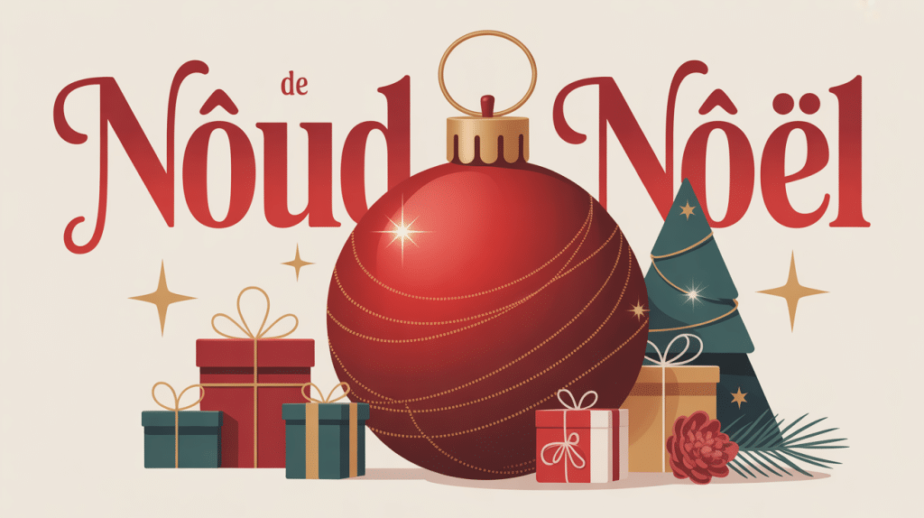 illustration grand noeud noel rouge or sur fond cadeaux sapin couronne