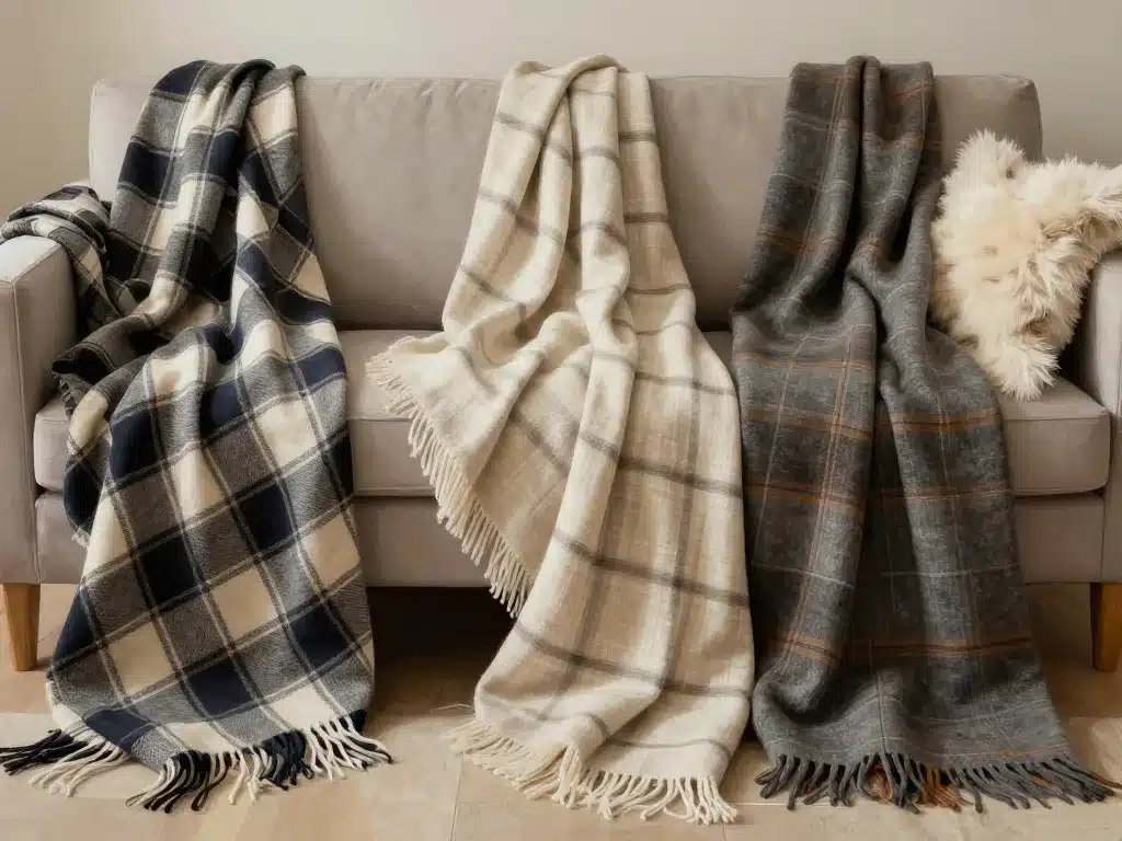 plaids en coton laine lin sur grand canapé