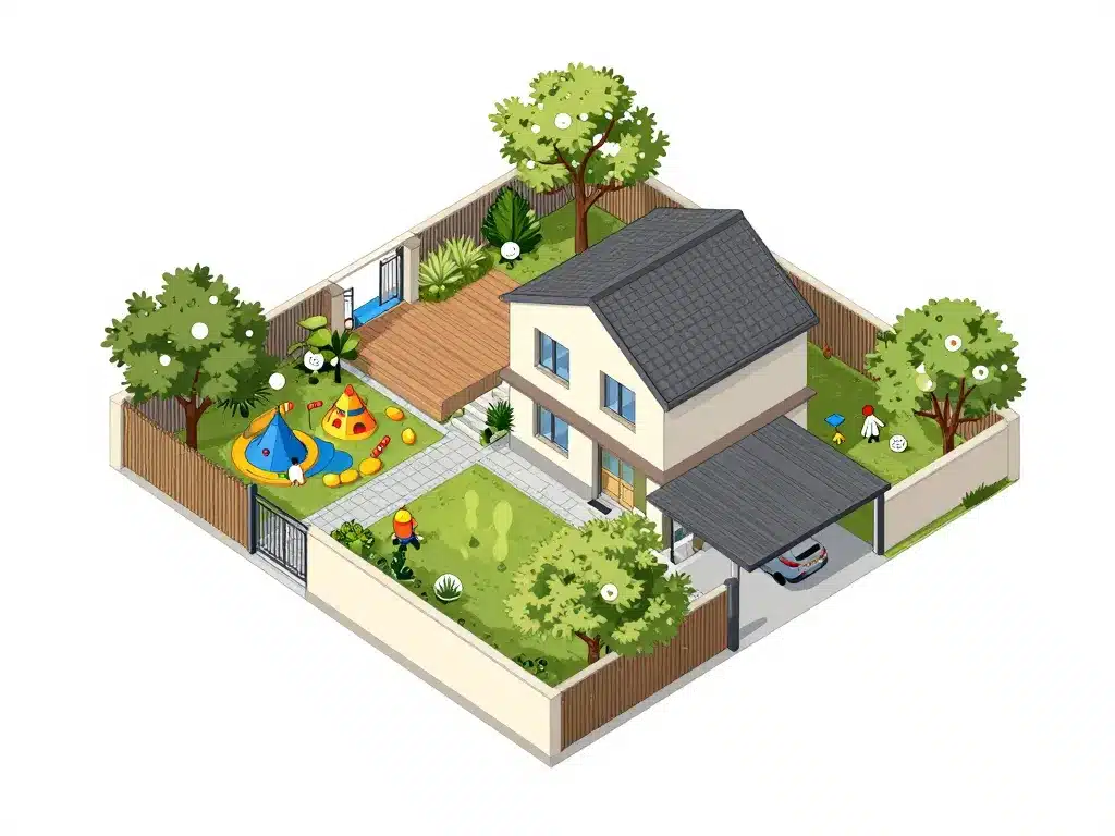 illustration terrain 200m2 maison moderne espaces extérieurs