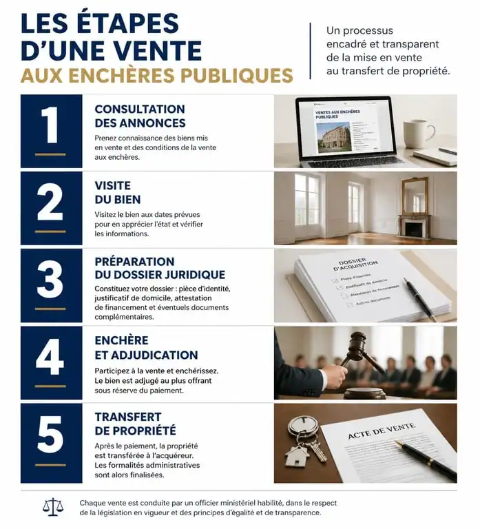 Infographie des étapes pour participer à une vente aux enchères sur Info Enchères