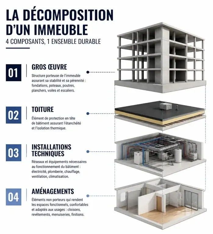 Infographie de la méthode de décomposition d'un immeuble par composant pour l'amortissement fiscal