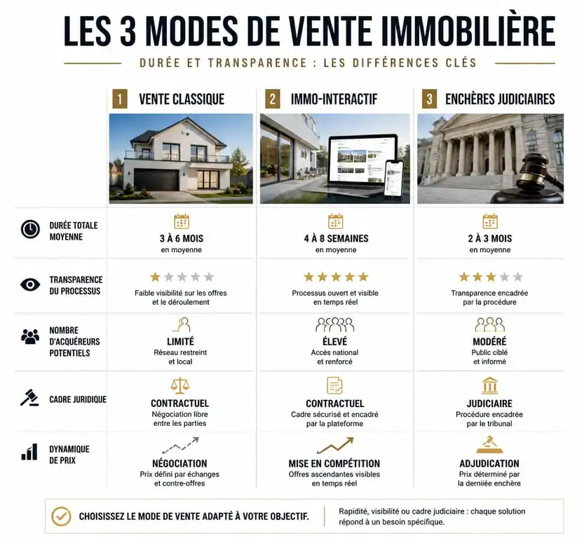 Comparatif des modes de vente immobilière : vente classique, immo-interactif et enchères judiciaires