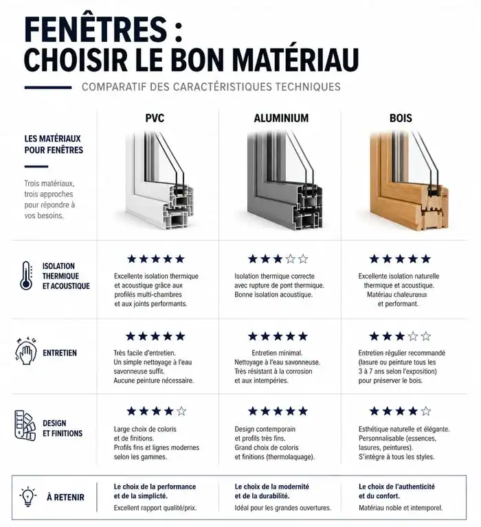 Comparatif des matériaux pour fenêtres double vitrage sur mesure : PVC, Aluminium et Bois
