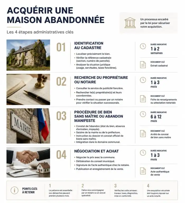 Infographie des étapes administratives pour acheter une maison abandonnée