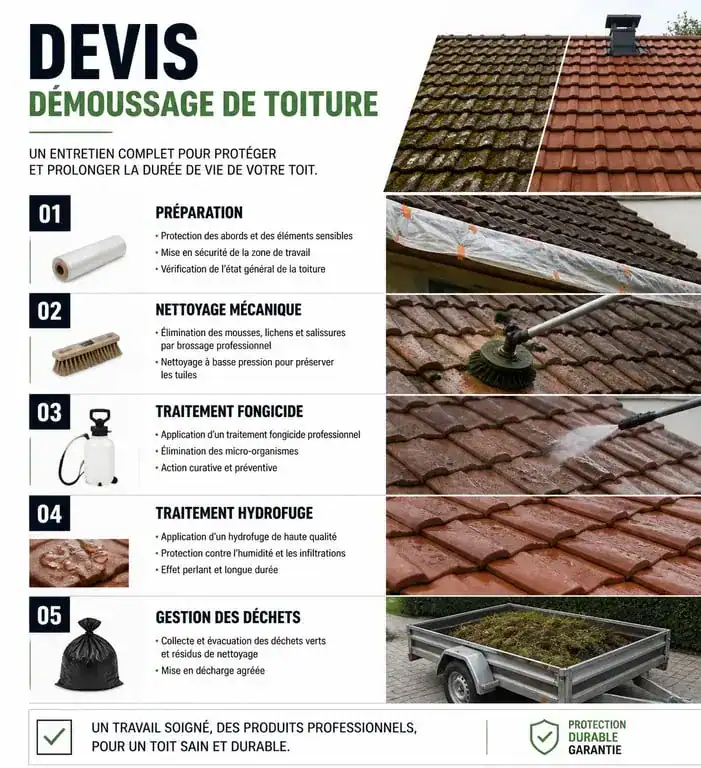 Infographie des éléments clés d'un devis de démoussage de toiture