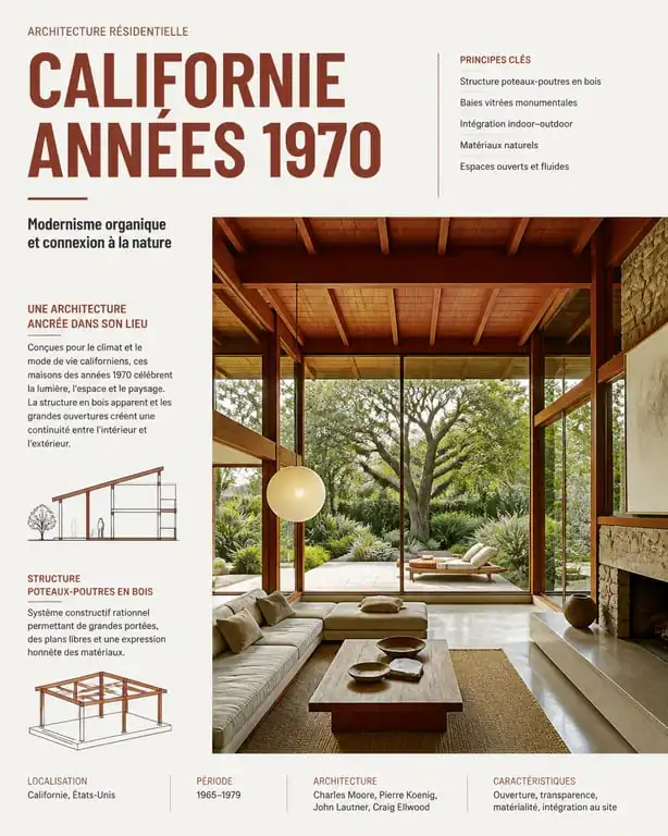 Maison californienne années 70 avec structure en bois et grandes baies vitrées