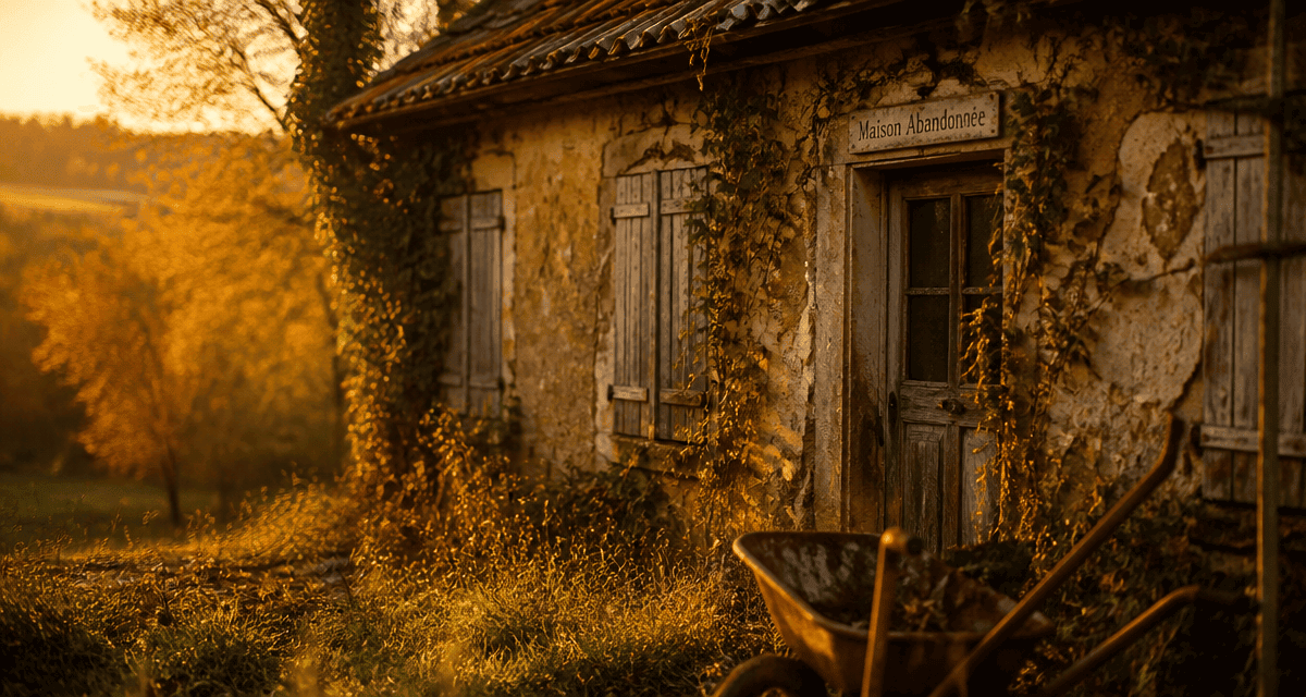 maison abandonnée façade décrépie lierres