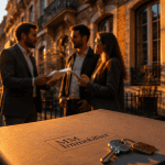 mm immobilier agent clients devant immeuble ancien