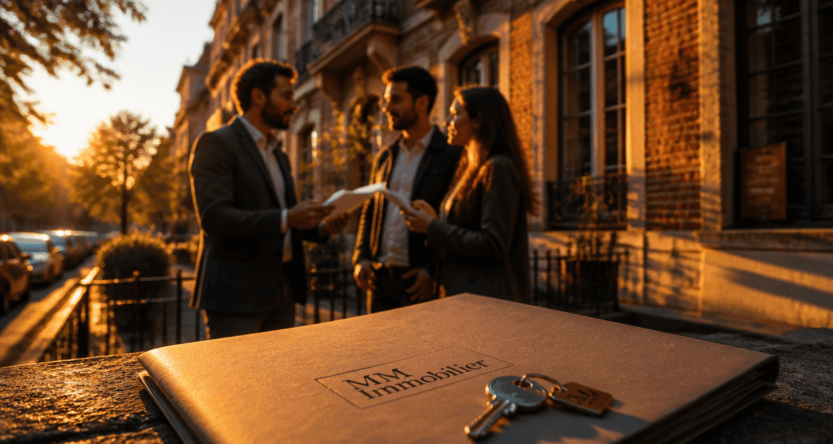 mm immobilier agent clients devant immeuble ancien