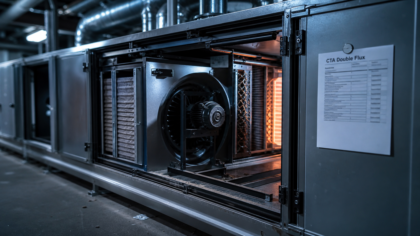 CTA chauffage double flux : centrale de traitement d’air en local technique