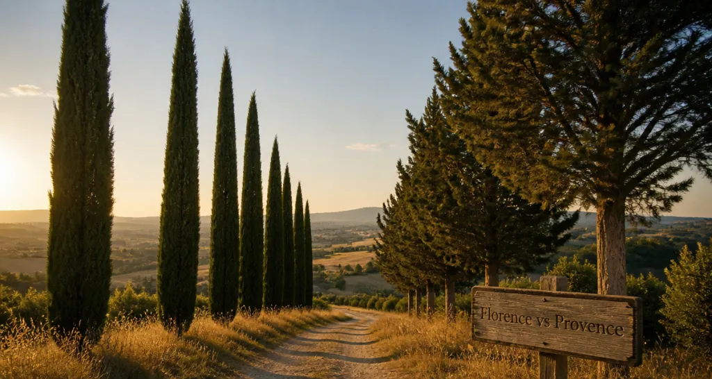Différence entre cyprès de Florence et de Provence alignés au soleil