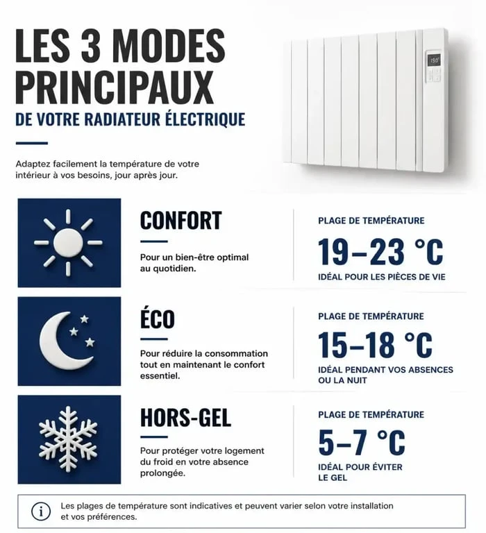 Infographie des modes et températures pour le réglage d'un radiateur électrique à inertie