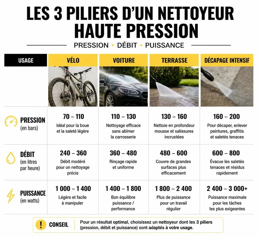 Infographie des critères techniques pour choisir la puissance d'un nettoyeur haute pression Karcher selon l'usage