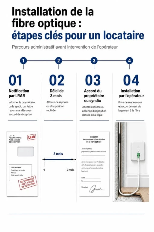 Infographie des étapes pour l'autorisation d'installation de la fibre optique par un locataire