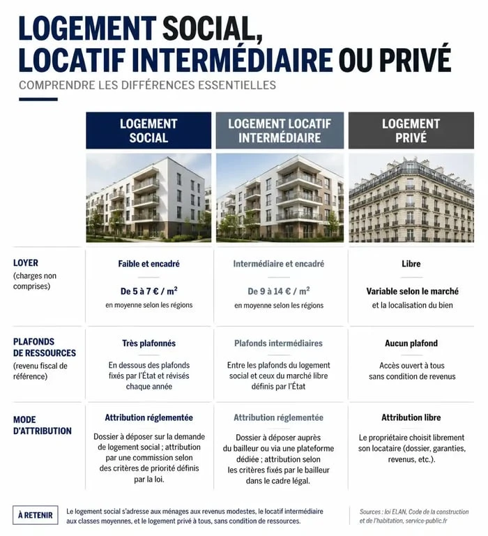 Infographie comparative des types de logement locatif intermédiaire, social et privé