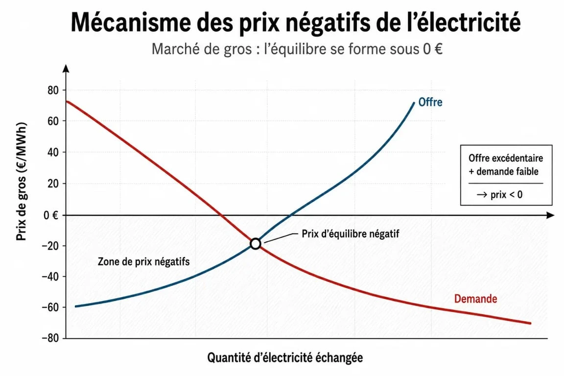 Schéma explicatif du mécanisme des prix négatifs de l'électricité sur le marché de gros