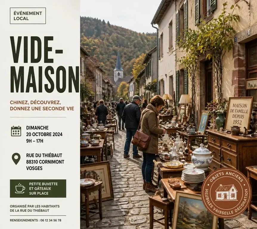 Ambiance d'un vide maison 88 dans les Vosges avec objets de brocante et chineurs