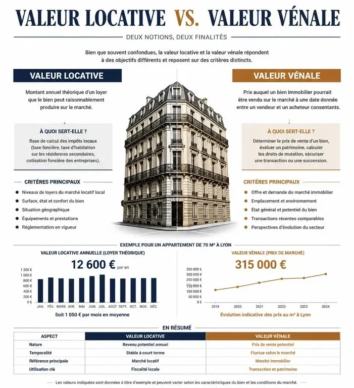 Infographie comparative entre valeur locative et valeur vénale pour une attestation de valeur locative immobilière