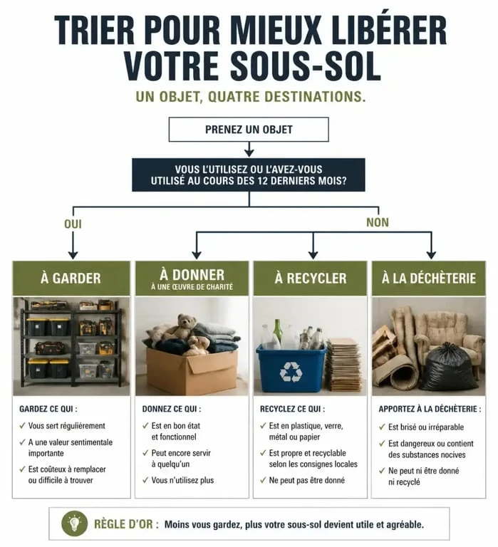 Infographie du processus de tri pour vider une cave : donner, recycler, jeter