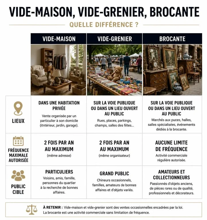 Tableau comparatif des différences entre vide-maison, vide-grenier et brocante dans les Landes