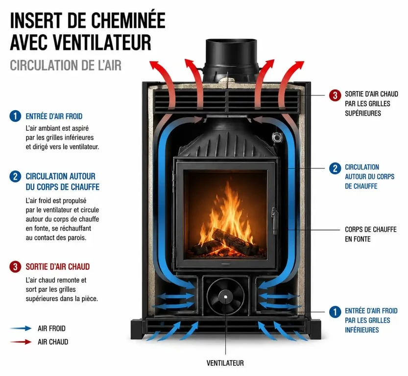 Schéma de fonctionnement d'un insert avec ventilateur montrant la convection forcée