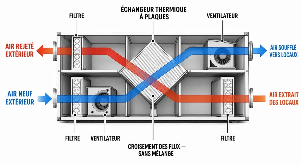 Schéma de fonctionnement d'une centrale de traitement d'air double flux pour chauffage et ventilation