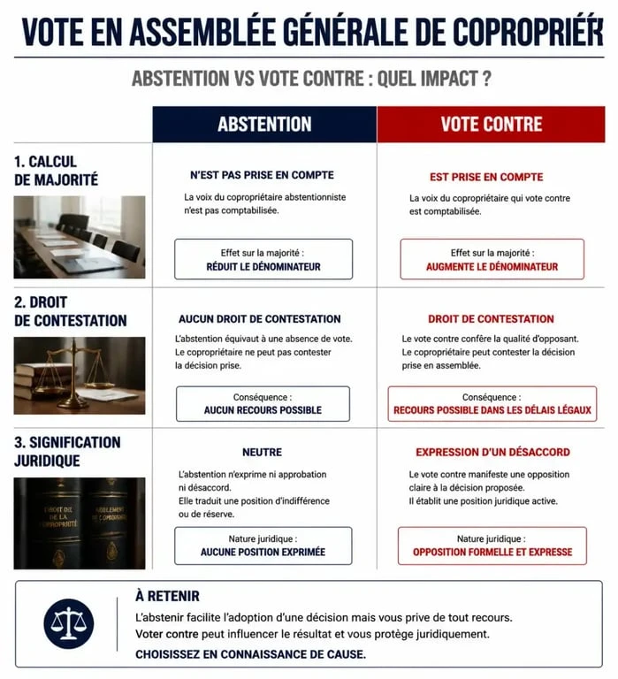 Infographie comparative : abstention ou vote contre en assemblée générale de copropriété