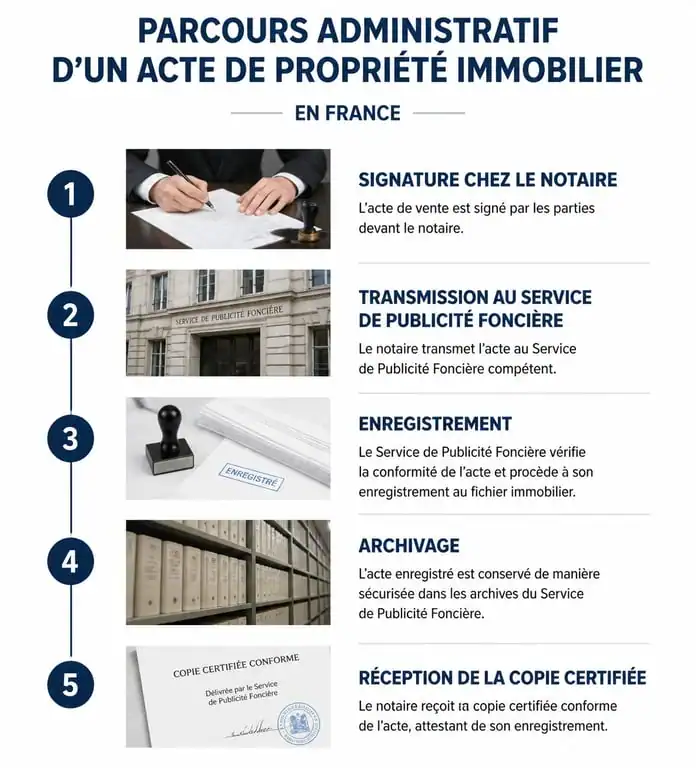 Infographie du parcours administratif de l'acte de propriété d'une maison