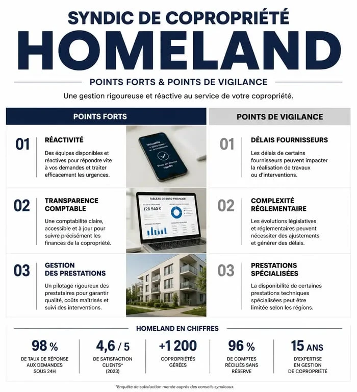 Tableau comparatif des avis sur le syndic Homeland : points forts et points de vigilance pour la gestion de copropriété
