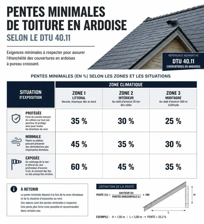 Tableau récapitulatif des pentes minimales pour toiture en ardoise selon le DTU 40.11 et les zones climatiques.