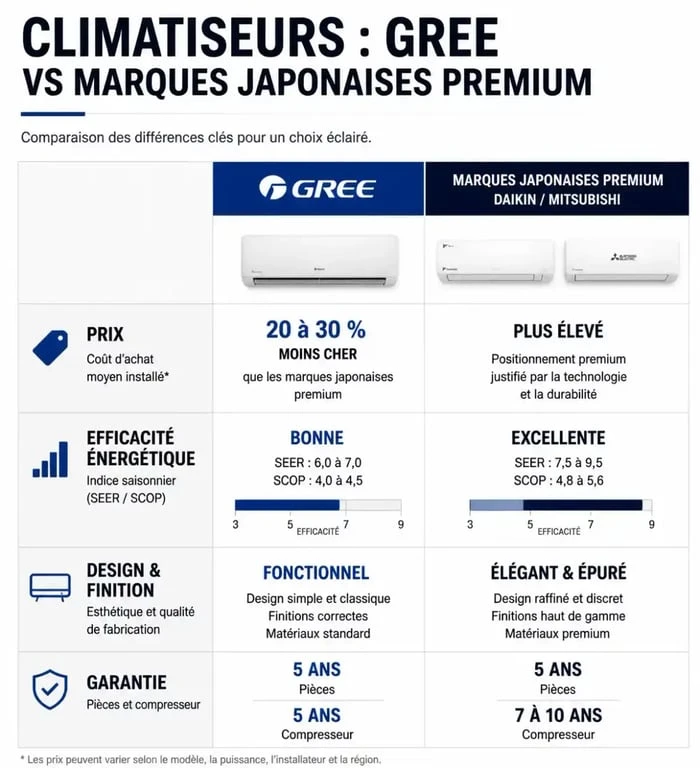 Comparatif climatiseur Gree vs marques japonaises : prix, efficacité et fiabilité