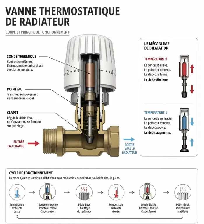 Schéma du fonctionnement d'une vanne thermostatique de radiateur