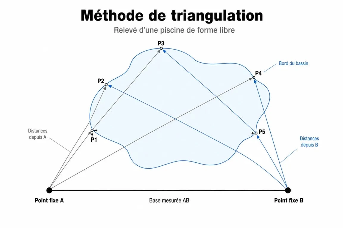 Schéma de la méthode de triangulation pour mesurer une piscine pour une bâche d'hivernage sur mesure