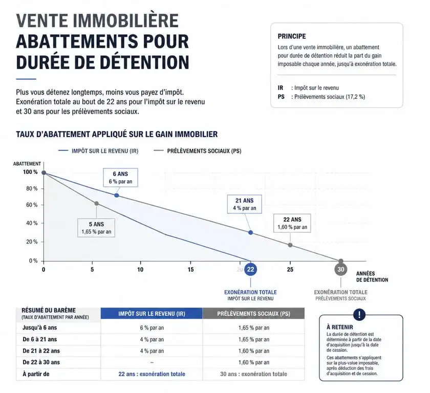 Tableau des abattements pour durée de détention lors de la vente d'une résidence principale et calcul de la plus-value immobilière