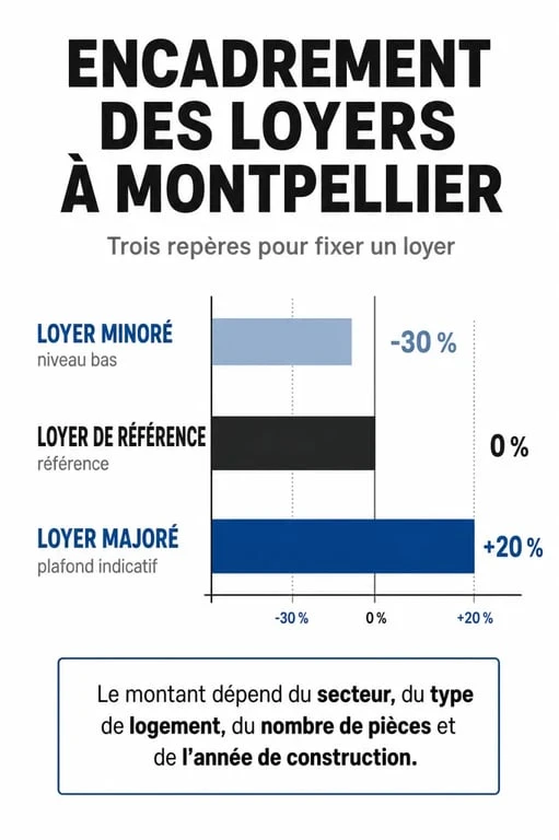 Schéma des plafonds de l'encadrement des loyers à Montpellier : loyer de référence, minoré et majoré.