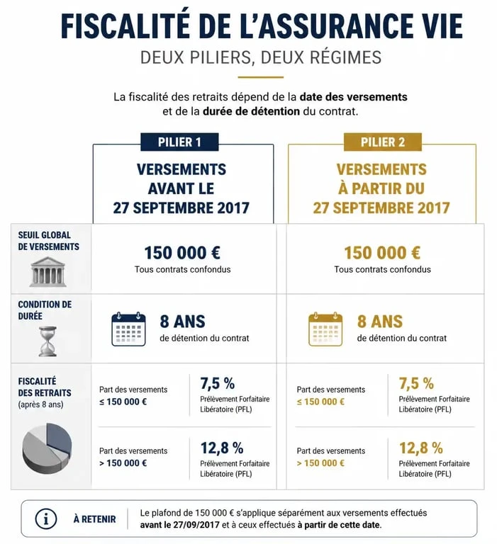 Infographie récapitulative de la fiscalité et flat tax assurance vie