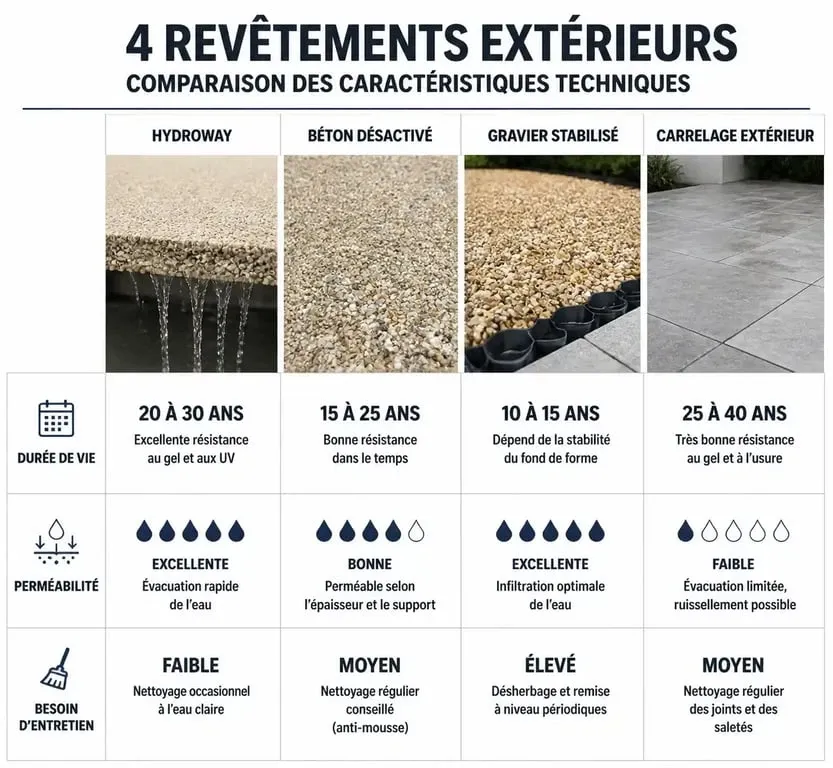 Comparatif des revêtements extérieurs : durée de vie et caractéristiques du revêtement Hydroway face aux alternatives.