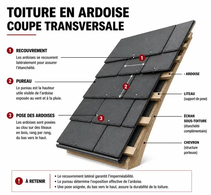 Schéma explicatif du calcul de l'ardoise au m2 : recouvrement et pureau