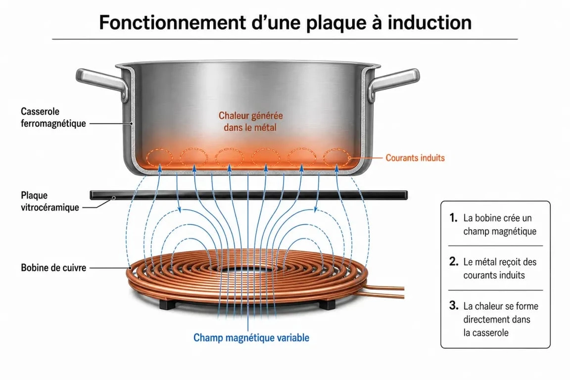 Schéma explicatif du fonctionnement d'une plaque à induction par électromagnétisme