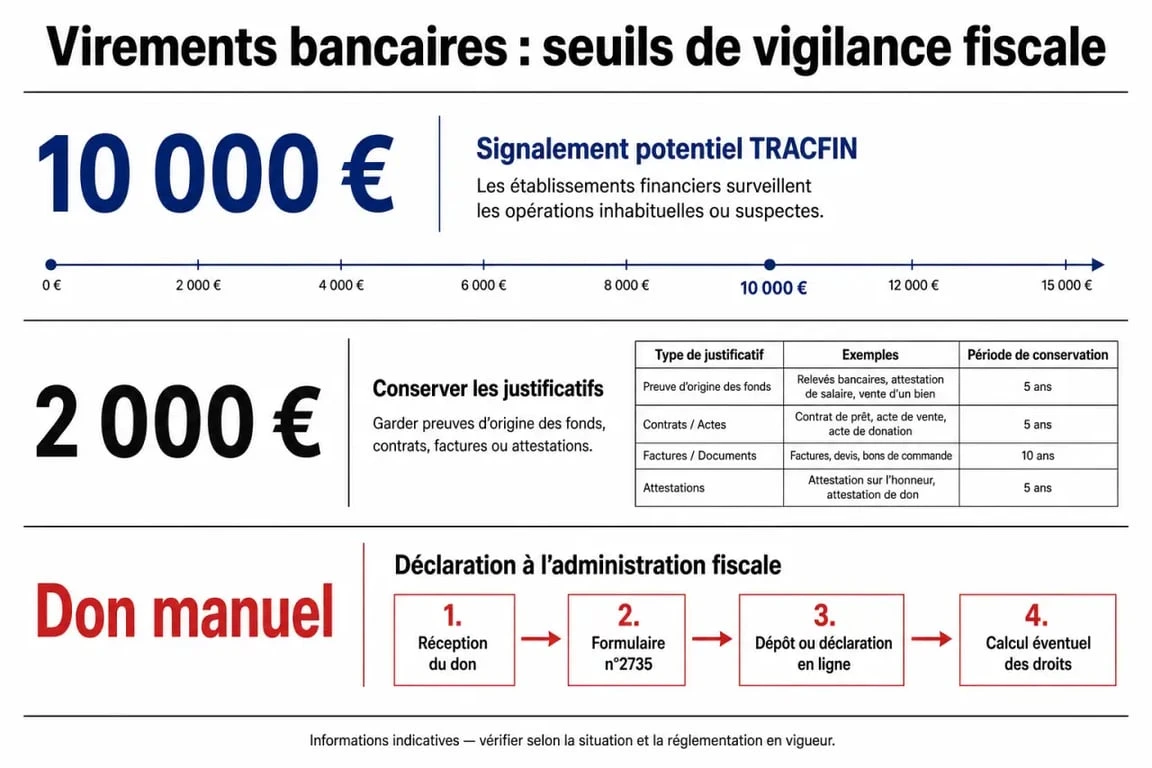 Infographie des seuils de vigilance fiscale pour un virement bancaire et contrôle fiscal