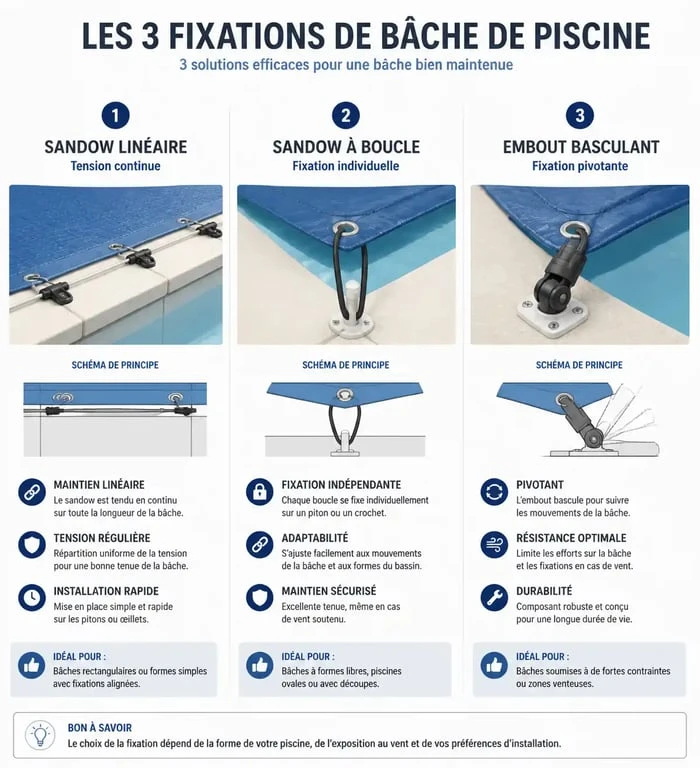 Comparatif des différents types de sandow pour bâche de piscine : linéaire, boucle et embout basculant.