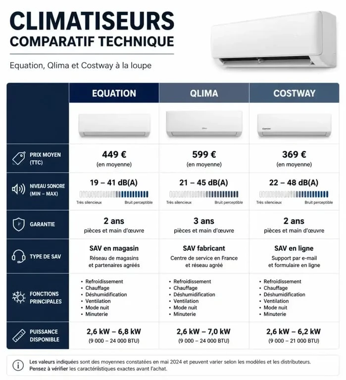 Comparatif des climatiseurs Equation, Qlima et Costway : prix, bruit et fiabilité