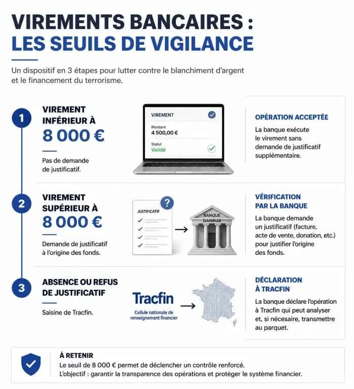 Infographie sur le montant maximum virement sans justificatif et les seuils de vigilance bancaire
