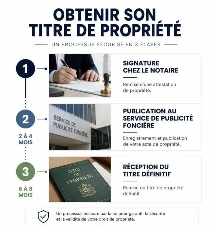 Schéma du processus d'obtention d'un titre de propriété après un achat immobilier