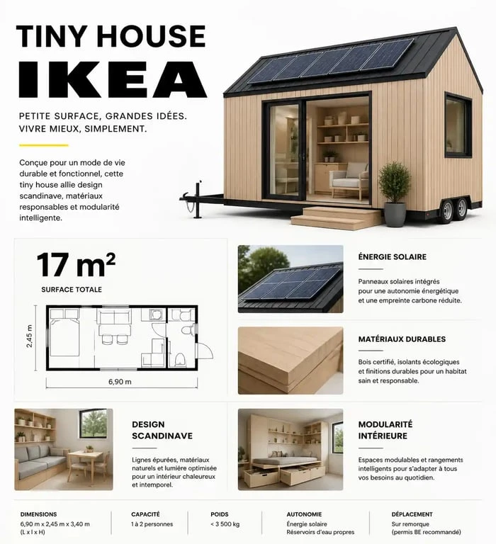 Infographie des caractéristiques techniques d'une tiny house IKEA