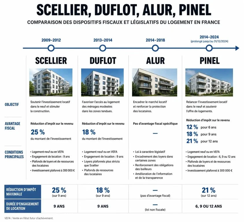 Comparatif des lois du logement en France : Scellier, Duflot, ALUR et Pinel