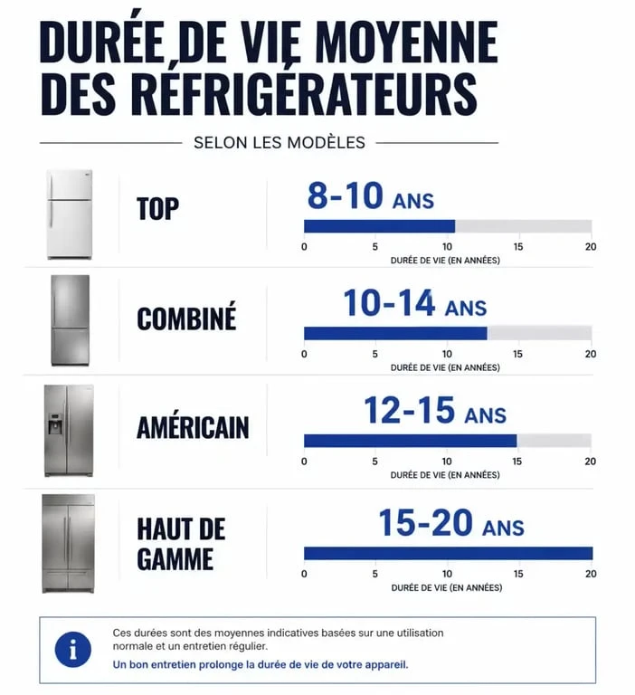 Infographie montrant la durée de vie frigo moyenne selon le type d'appareil
